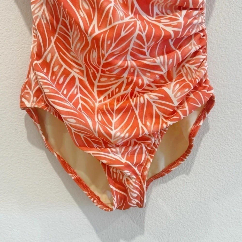 Lands' End Orange Coral Leaf pattern One Piece Swimwear Size 6